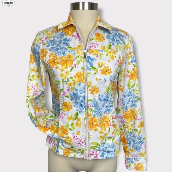 Stretch Denim Floral Jacket Full Zip Y2K Unique Jones New York Small - Picture 2 of 16